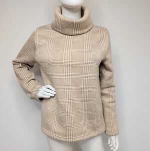 Tan & White Plaid Fleece Lined Chunky Heavy Weight Warm Cowl Turtleneck Sweater